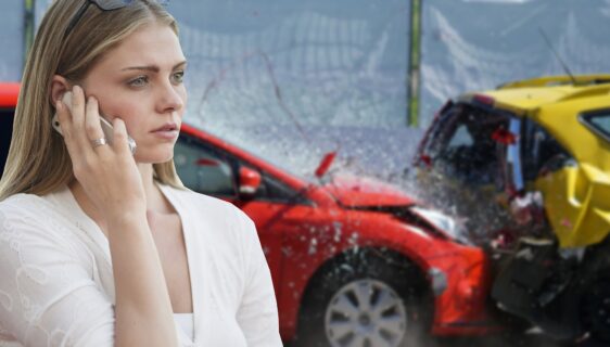 Kobieta po wypadku samochodowym dzwoni do ubepieczyciela